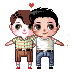 tiny pixel dolls of two chibi boys with their arms around eachother and a heart above their heads: the one has pale skin, brown swoopy hair, a plaid pale green short-sleeve button-up, long brown shorts with pleats ironed in, red shoes and white tube socks; the other has tan skin, a brown elvis pompadour, a white t-shirt, jeans, black shoes, and a lit cigarette